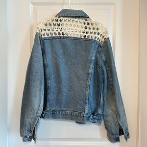 Oversized Vintage Blue Denim Jacket with White Crotchet Lace Back Detail
